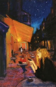 Woman with cellphone on Van Gogh’s Cafe Terrace by Peter Lambert
