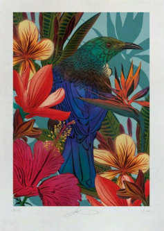 Perched Tui & Hibiscus by Flox