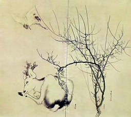 Deer, Stork & Plum Blossoms by Goshun Toyo